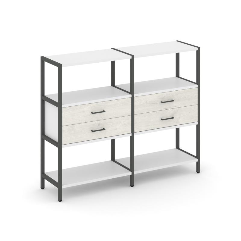 Shelf System Двухсекционный стеллаж трехярусный с ящиками SN.STM-322 Белый/Дуб Наварра/Металл Антрац