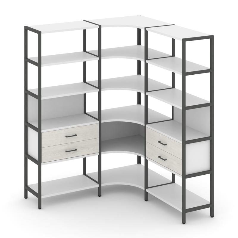 Shelf System Трехсекционный угловой стеллаж пятиярусный с ящиками SN.STMU-531 Белый/Дуб Наварра/Мета