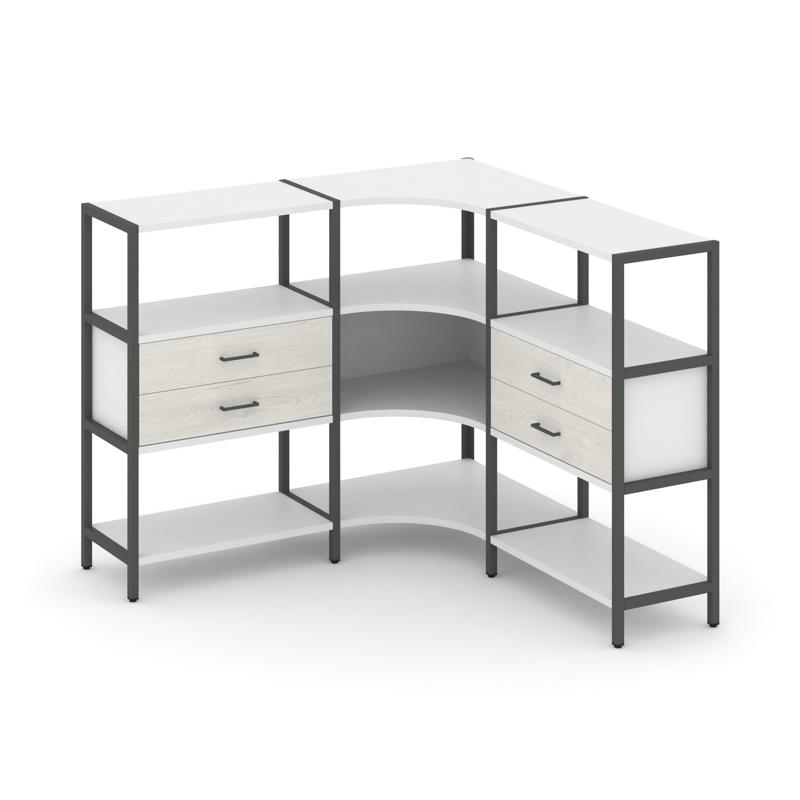 Shelf System Трехсекционный угловой стеллаж трехярусный с ящиками SN.STMU-331 Белый/Дуб Наварра/Мета