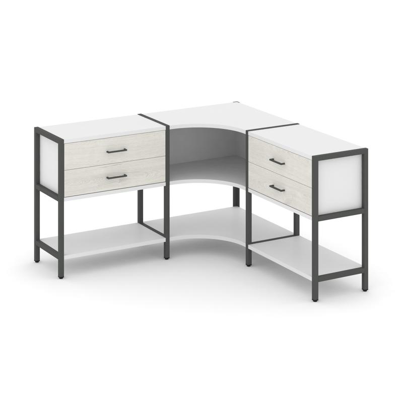 Shelf System Трехсекционный угловой стеллаж двухярусный с ящиками SN.STMU-231 Белый/Дуб Наварра/Мета