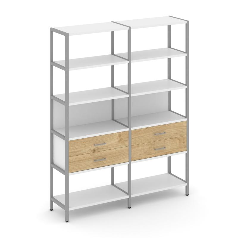 Shelf System Двухсекционный стеллаж пятиярусный с ящиками SN.STM-522 Белый/Тиквуд Светлый/Металл Сер