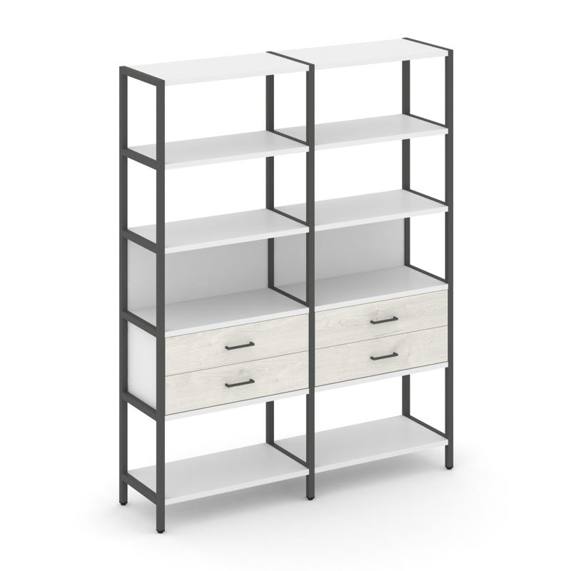 Shelf System Двухсекционный стеллаж пятиярусный с ящиками SN.STM-522 Белый/Дуб Наварра/Металл Антрац