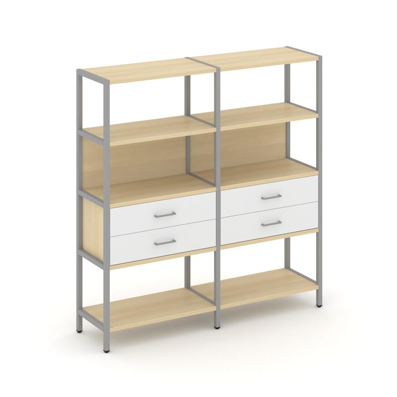 Shelf System Двухсекционный стеллаж четырехярусный с ящиками SN.STM-422 Акация Лорка/Белый/Металл Се