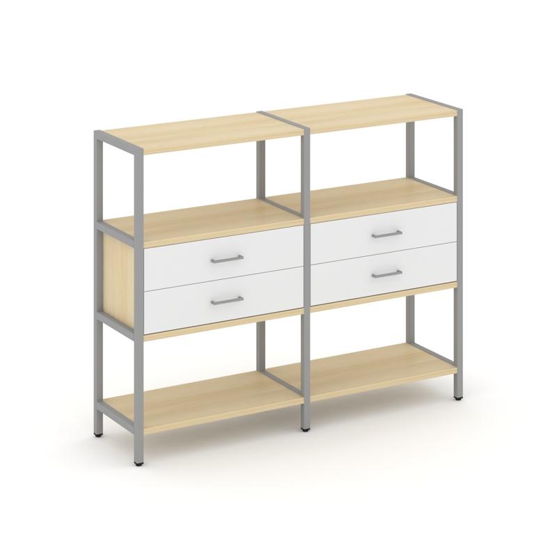 Shelf System Двухсекционный стеллаж трехярусный с ящиками SN.STM-322 Акация Лорка/Белый/Металл Серый