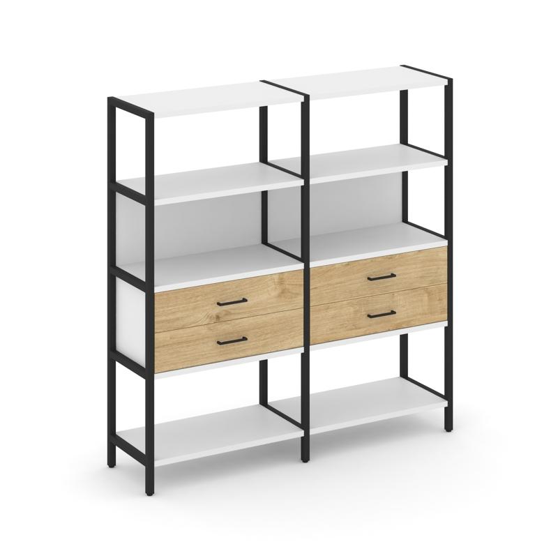 Shelf System Двухсекционный стеллаж четырехярусный с ящиками SN.STM-422 Белый/Тиквуд Светлый/Металл