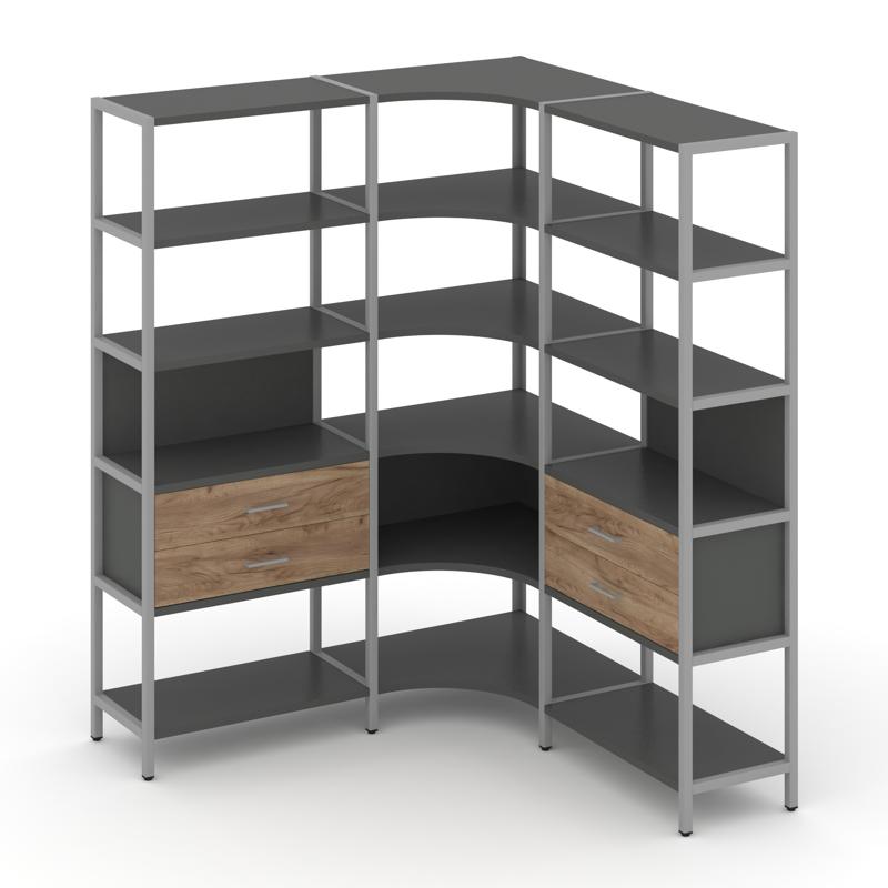 Shelf System Трехсекционный угловой стеллаж пятиярусный с ящиками SN.STMU-531 Антрацит/Дуб Табак/Мет