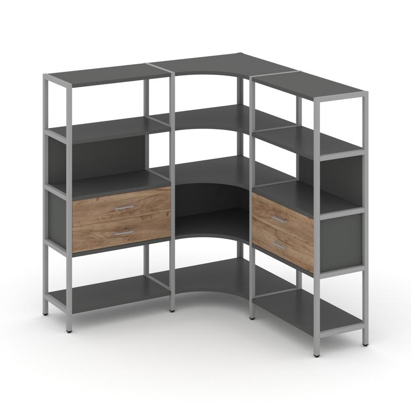 Shelf System Трехсекционный угловой стеллаж четырехярусный с ящиками SN.STMU-431 Антрацит/Дуб Табак/