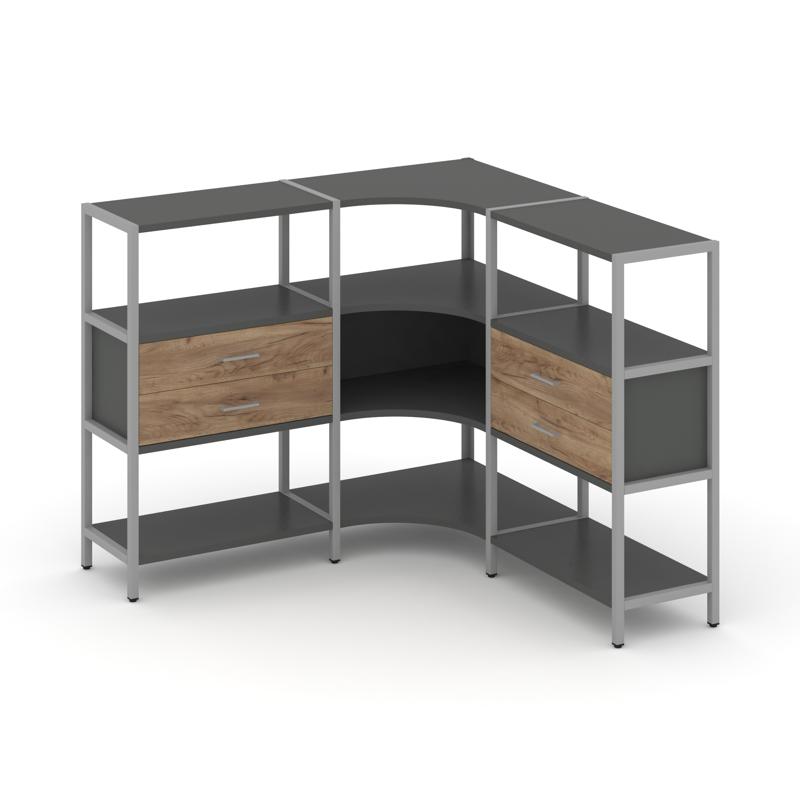 Shelf System Трехсекционный угловой стеллаж трехярусный с ящиками SN.STMU-331 Антрацит/Дуб Табак/Мет