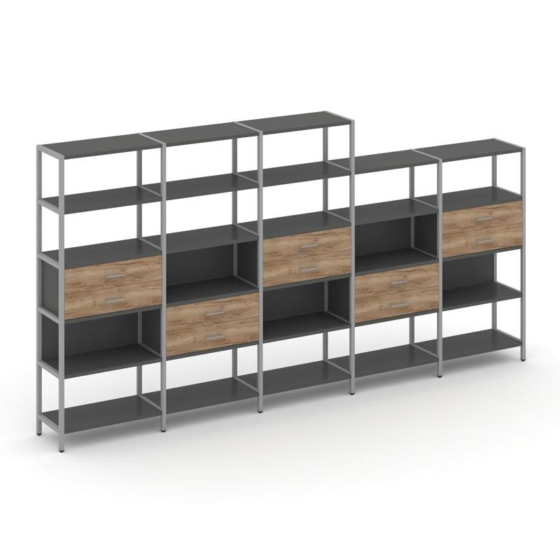 Shelf System Пятисекционный стеллаж пятиярусный с ящиками SN.STM-551 Антрацит/Дуб Табак/Металл Серый