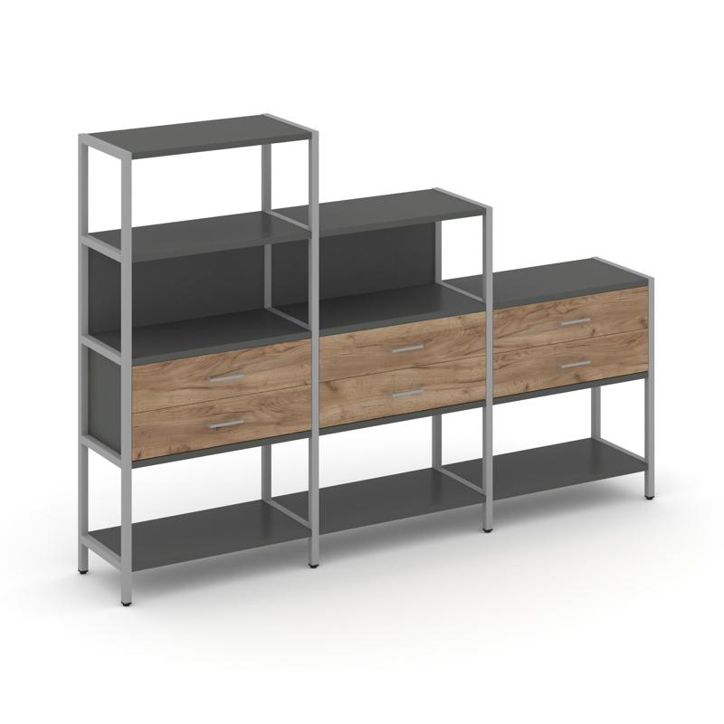 Shelf System Трехсекционный стеллаж четырех/трех/двухярусный с ящиками SN.STM-431 Антрацит/Дуб Табак