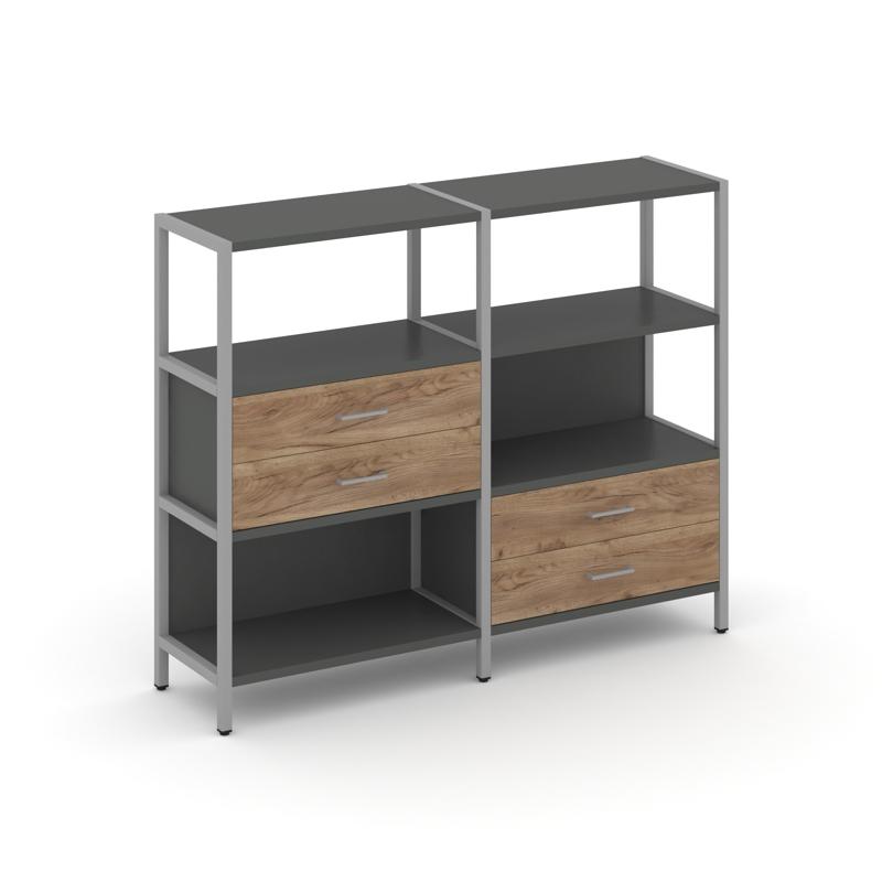 Shelf System Двухсекционный стеллаж трехярусный с ящиками SN.STM-323 Антрацит/Дуб Табак/Металл Серый