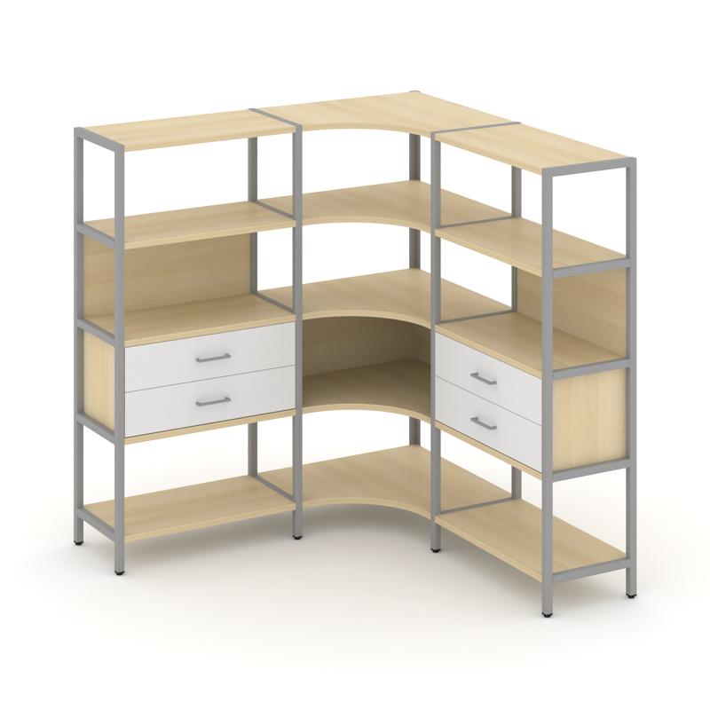 Shelf System Трехсекционный угловой стеллаж четырехярусный с ящиками SN.STMU-431 Акация Лорка/Белый/