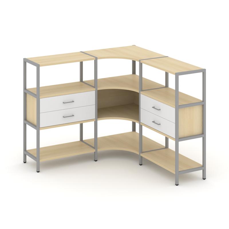 Shelf System Трехсекционный угловой стеллаж трехярусный с ящиками SN.STMU-331 Акация Лорка/Белый/Мет