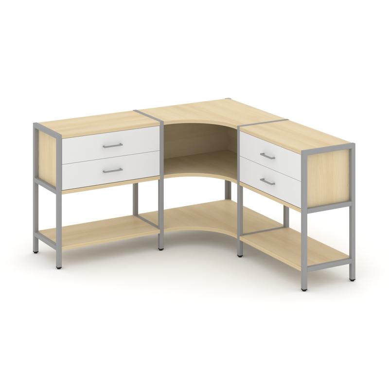 Shelf System Трехсекционный угловой стеллаж двухярусный с ящиками SN.STMU-231 Акация Лорка/Белый/Мет