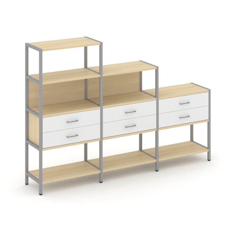 Shelf System Трехсекционный стеллаж четырех/трех/двухярусный с ящиками SN.STM-431 Акация Лорка/Белый