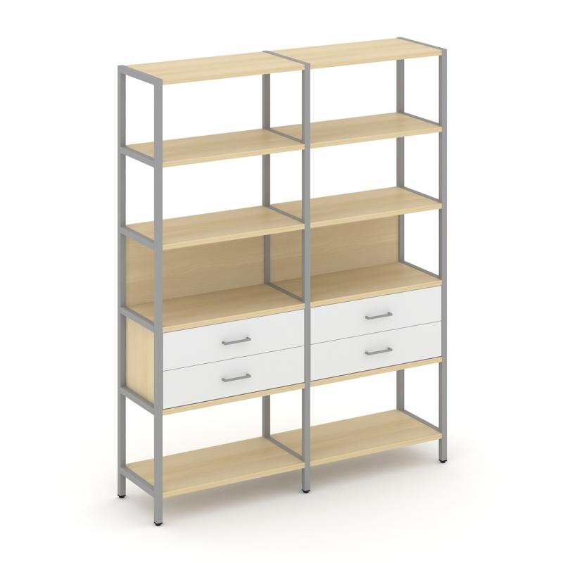 Shelf System Двухсекционный стеллаж пятиярусный с ящиками SN.STM-522 Акация Лорка/Белый/Металл Серый