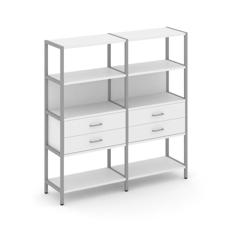 Shelf System Двухсекционный стеллаж четырехярусный с ящиками SN.STM-422 Белый/Металл Серый 1590*400*