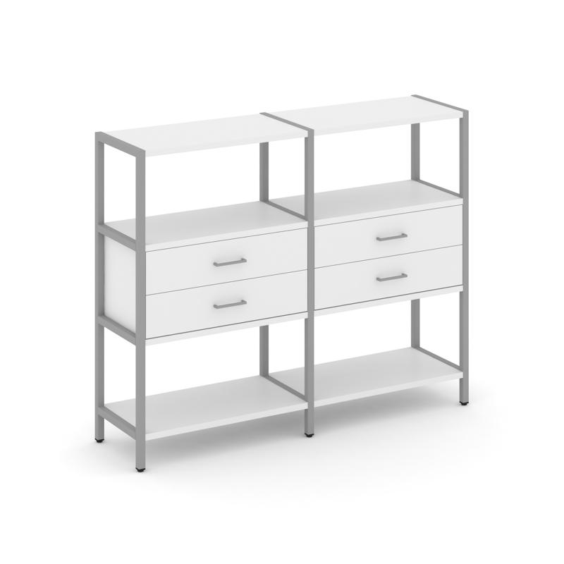 Shelf System Двухсекционный стеллаж трехярусный с ящиками SN.STM-322 Белый/Металл Серый 1590*400*124