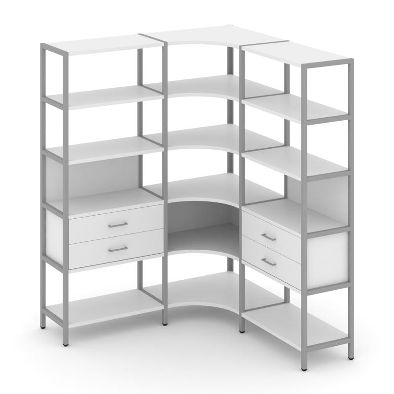 Shelf System Трехсекционный угловой стеллаж пятиярусный с ящиками SN.STMU-531 Белый/Металл Серый 159