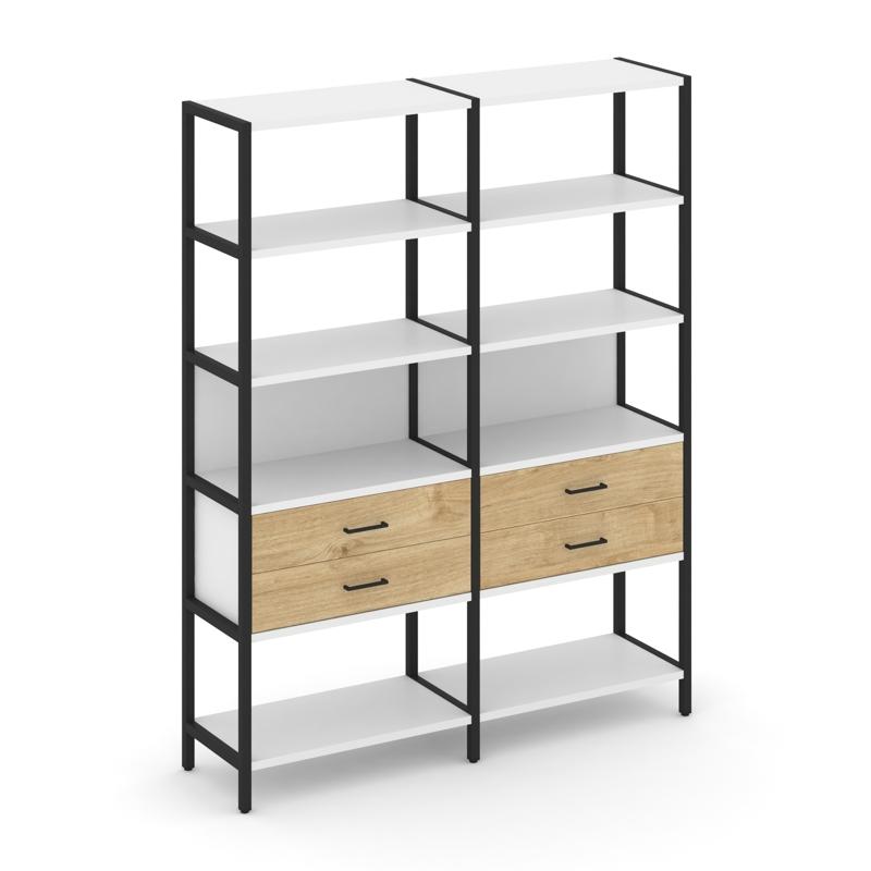 Shelf System Двухсекционный стеллаж пятиярусный с ящиками SN.STM-522 Белый/Тиквуд Светлый/Металл Чер