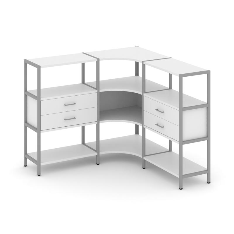 Shelf System Трехсекционный угловой стеллаж трехярусный с ящиками SN.STMU-331 Белый/Металл Серый 159