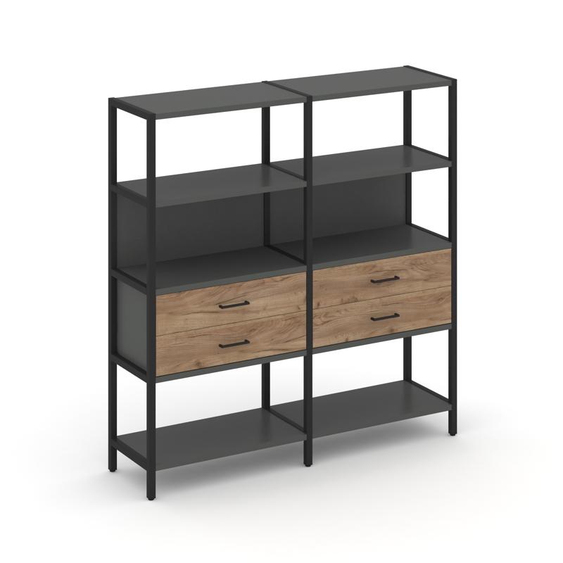 Shelf System Двухсекционный стеллаж четырехярусный с ящиками SN.STM-422 Антрацит/Дуб Табак/Металл Че