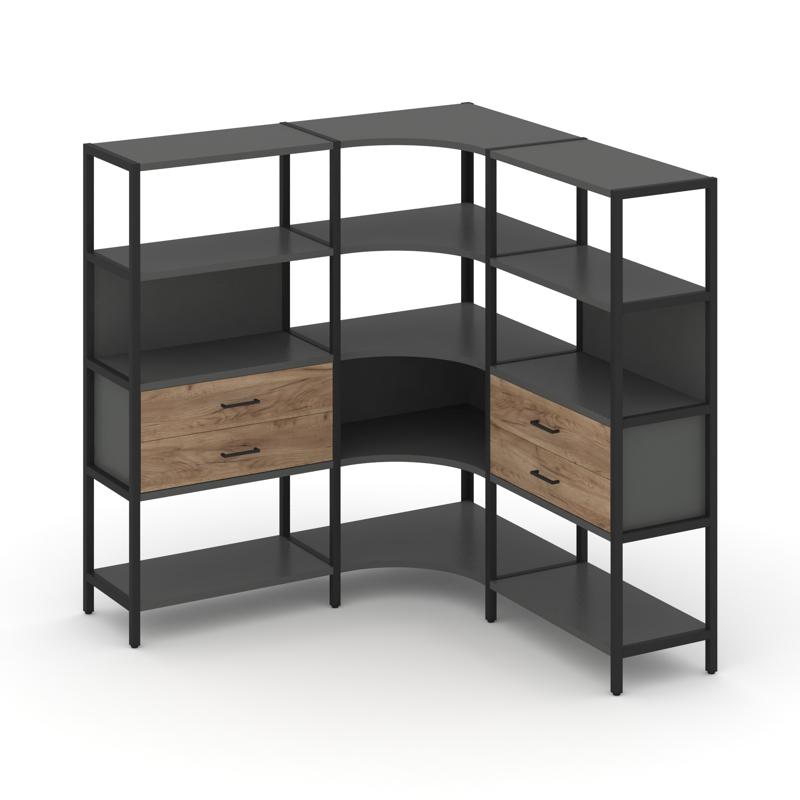 Shelf System Трехсекционный угловой стеллаж четырехярусный с ящиками SN.STMU-431 Антрацит/Дуб Табак/