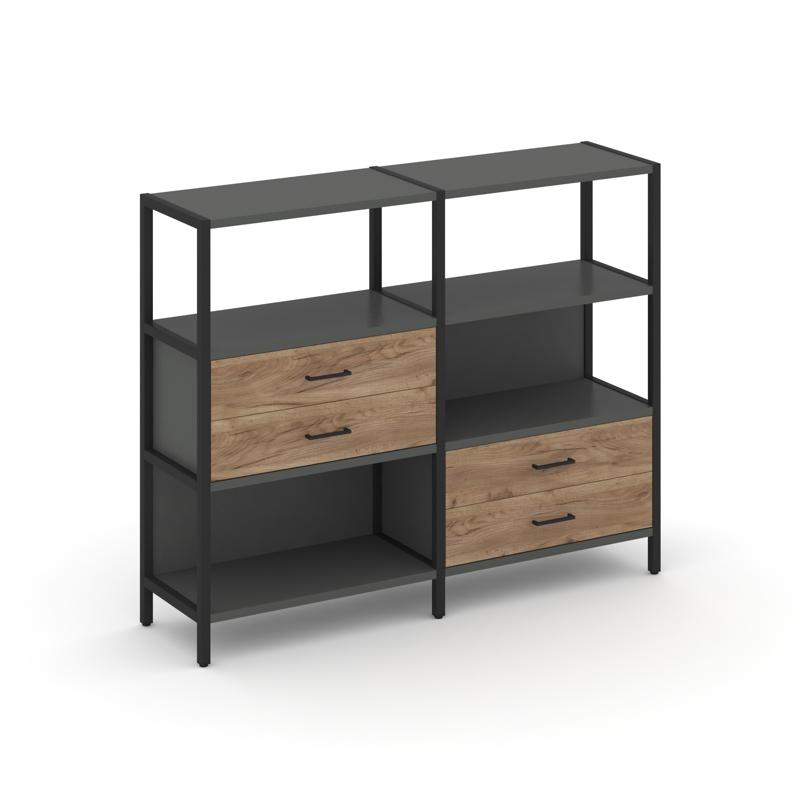 Shelf System Двухсекционный стеллаж трехярусный с ящиками SN.STM-323 Антрацит/Дуб Табак/Металл Черны