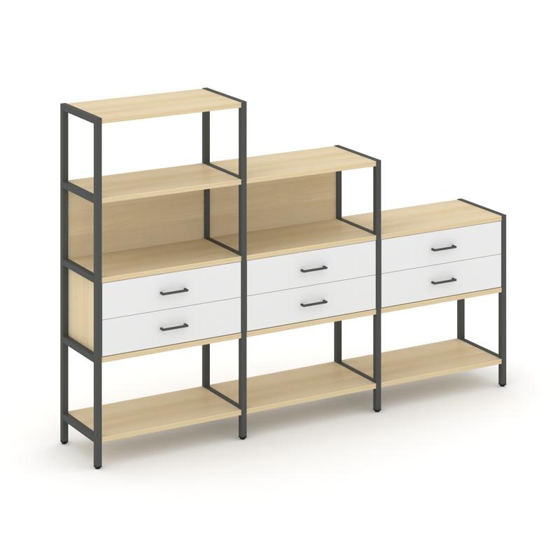 Shelf System Трехсекционный стеллаж четырех/трех/двухярусный с ящиками SN.STM-431 Акация Лорка/Белый