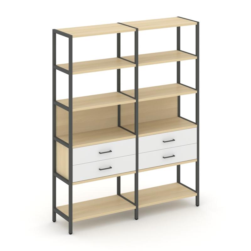 Shelf System Двухсекционный стеллаж пятиярусный с ящиками SN.STM-522 Акация Лорка/Белый/Металл Антра