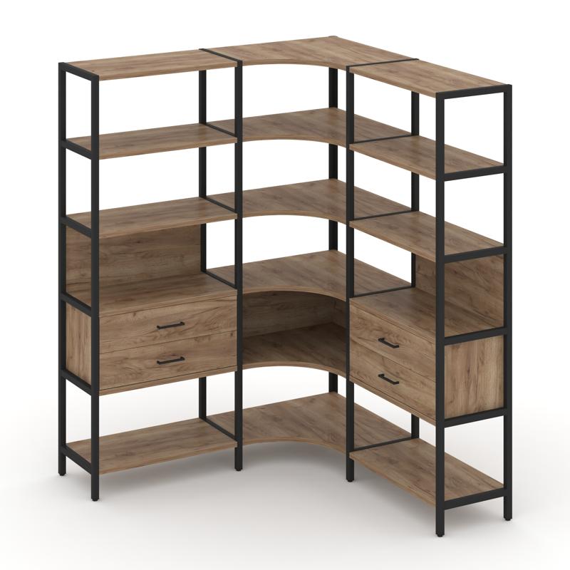 Shelf System Трехсекционный угловой стеллаж пятиярусный с ящиками SN.STMU-531 Дуб Табак/Металл Черны