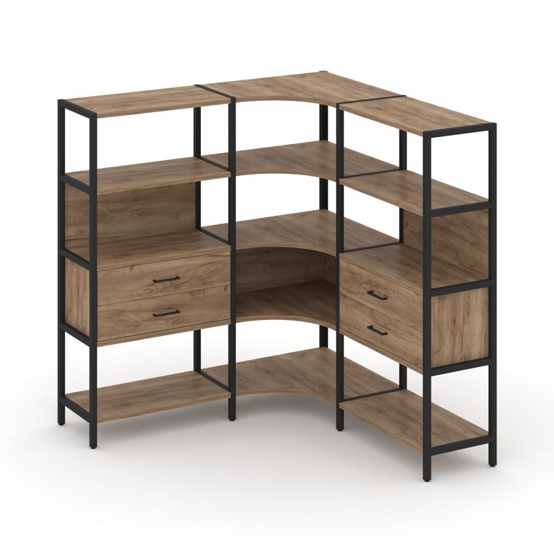 Shelf System Трехсекционный угловой стеллаж четырехярусный с ящиками SN.STMU-431 Дуб Табак/Металл Че